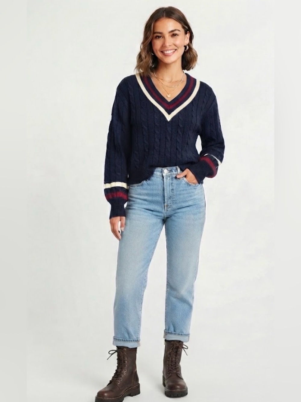 Cider Navy V-Neck Cable Knit Cropped Sweater with Cream & Burgundy Stripe Trim S